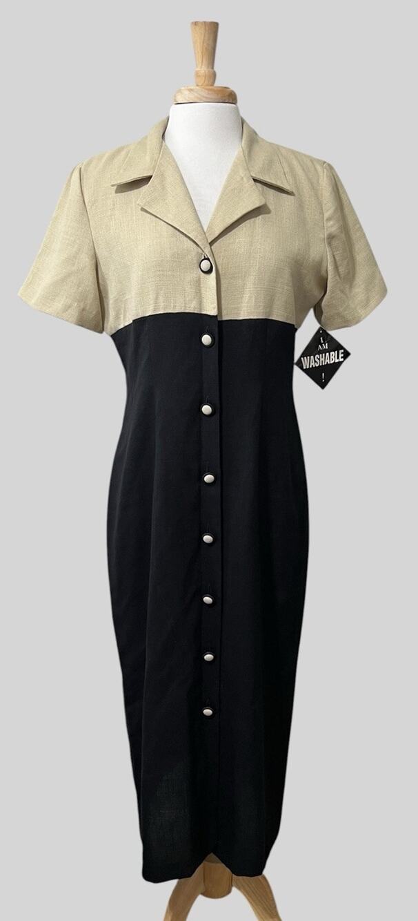 NWT Studio C Button Down Maxi Shirt Dress Minimalist Lagenlook Sz 14 Black & Tan